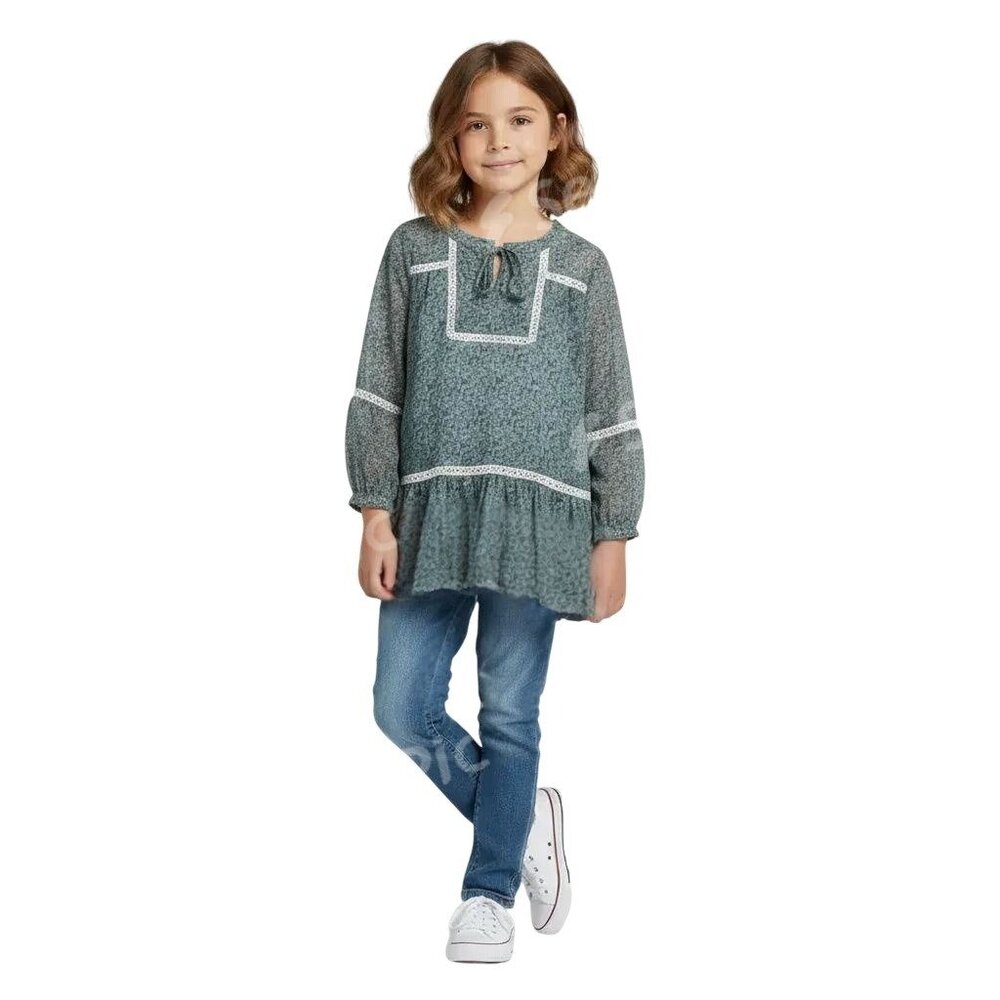 Kidpik Kids Girls Blue Ditsy Floral Long Sleeve Peasant Top Size Small (7/8)